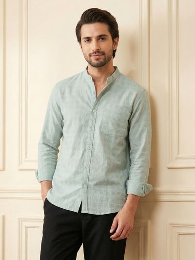 Mist Grey Mandarin Collar Textured Shirt