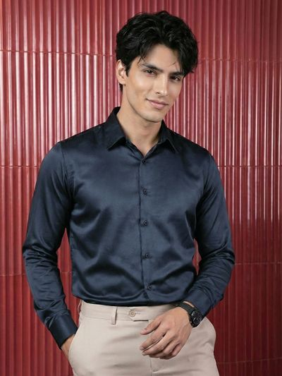 Navy Double Cuff Satin Shirt