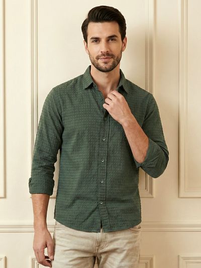 Olive Green Jacquard Round Textured Shirt