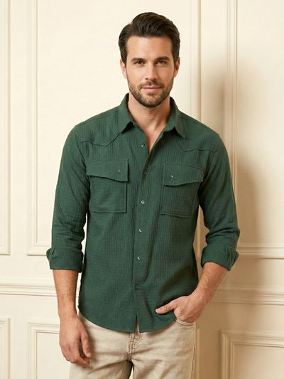 Olive Green Textured Western Shirt