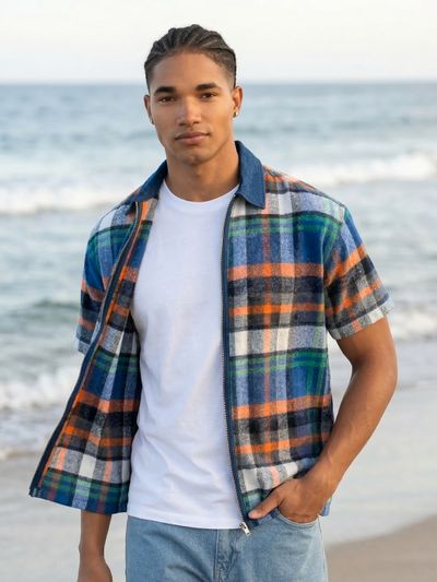 Orange and Blue Denim Collar Zipper Shirt Orange and Blue Denim Collar Zipper Shirt