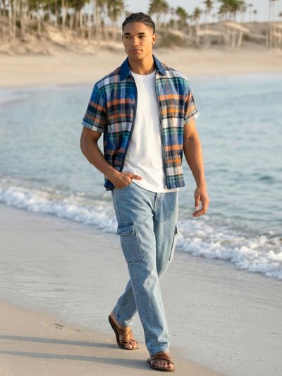 Orange and Blue Denim Collar Zipper Shirt Orange and Blue Denim Collar Zipper Shirt