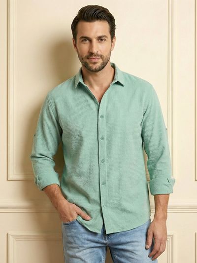Pista Green Full Sleeve Waffle Shirt For Men
