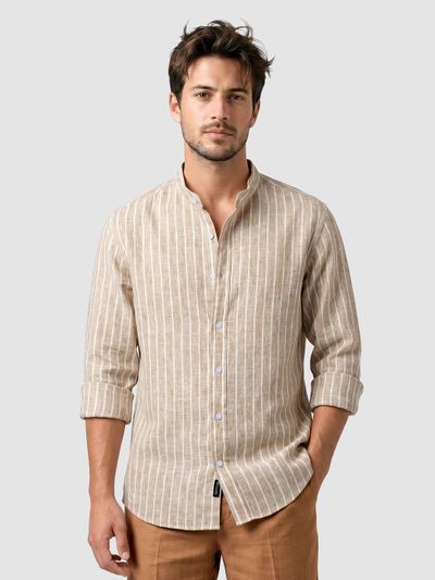 Sand Brown Linen Striped Shirt