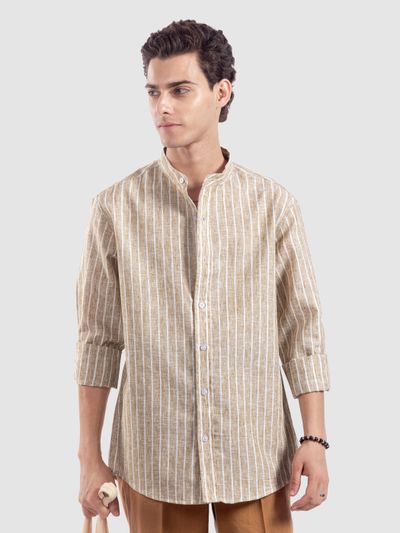 Sand Brown Linen Striped Shirt