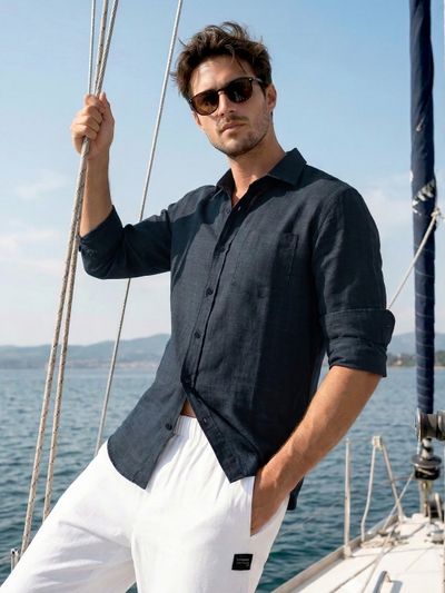 Navy Linen Textured Shirt Navy Linen Textured Shirt