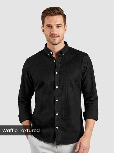 Black Waffle Button-Down Cotton Shirt Black Waffle Button-Down Cotton Shirt