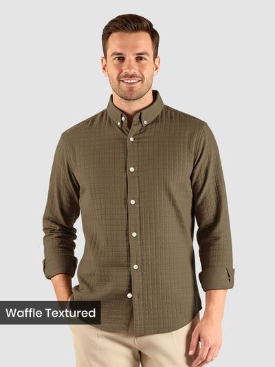 Brown Waffle Button-Down Cotton Shirt Brown Waffle Button-Down Cotton Shirt