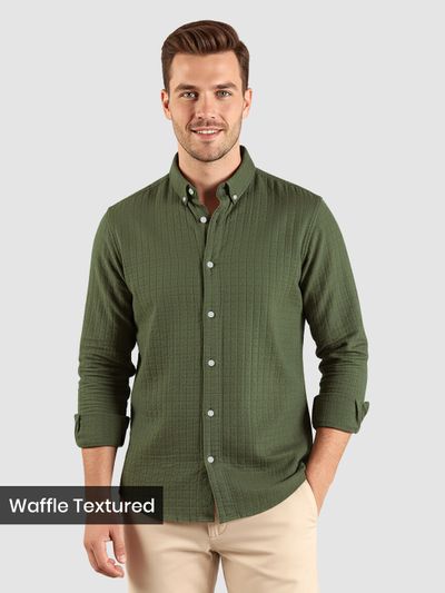 Military Green Waffle Button-Down Cotton Shirt Military Green Waffle Button-Down Cotton Shirt