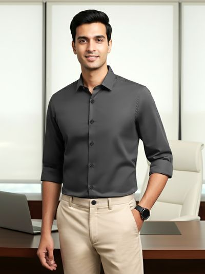 Dark Grey Plain Cotton Shirts