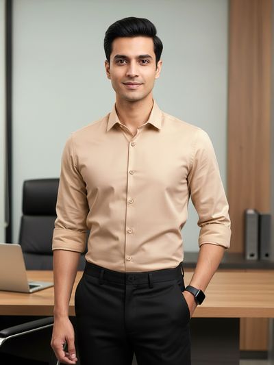 Light Beige - Plain Cotton Shirts Solid Mens Shirt,