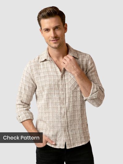 Beige Busy Check Cotton Shirt