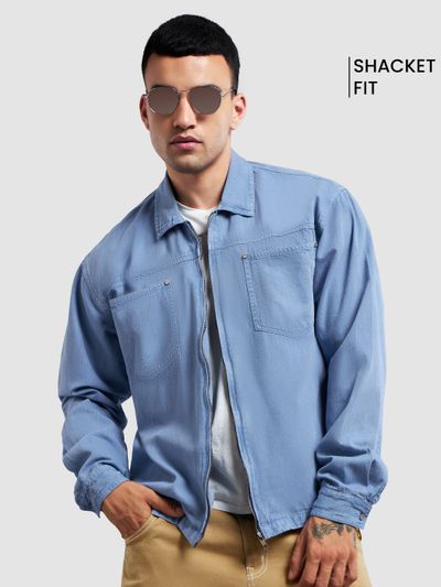 Blue Overdyed Zipper Shacket