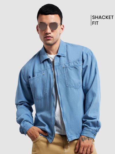 Blue Overdyed Zipper Shacket