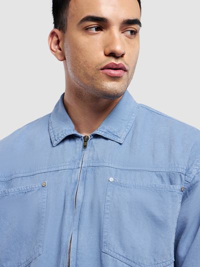 Blue Overdyed Zipper Shacket