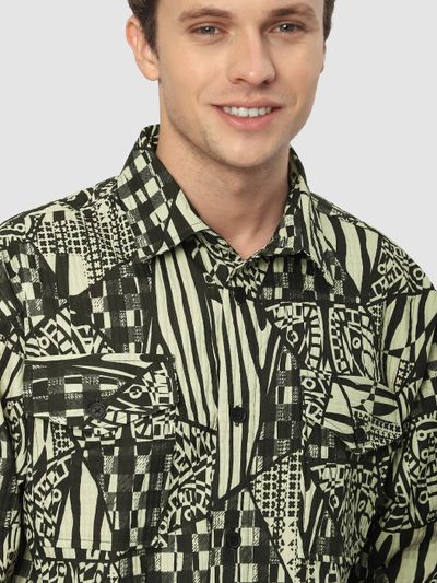 Green and Black Abstract Print Shacket