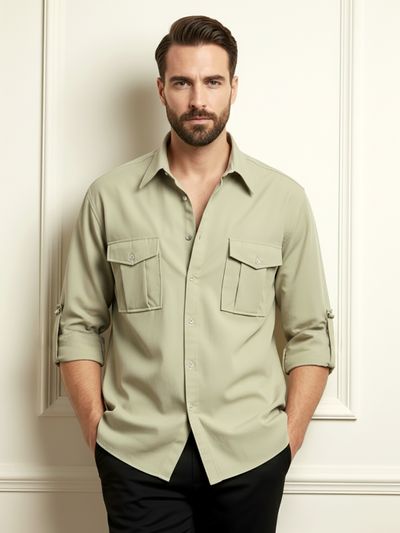 Beige Roll Up Sleeve Shirt