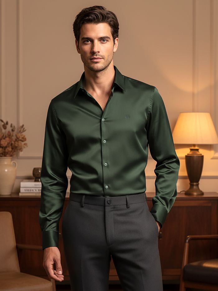 Buy Men's Dark Green Satin Shirt Online at Beyoung