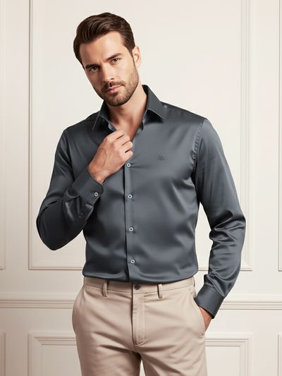 Dark Grey Satin Shirt Man in Dark Grey Satin Shirts for men