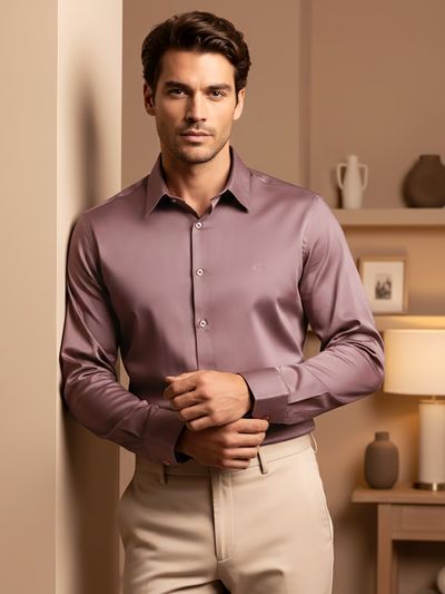 Mauve Pink Satin Shirt Man in a Mauve pink shining shirts with black trousers, posing against a red textured wall.
