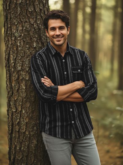 Black Striped Cotton Corduroy Shirt