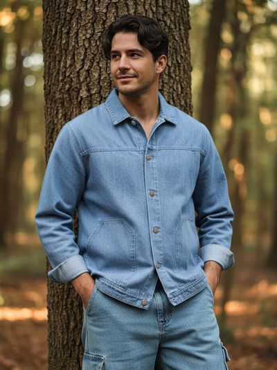 Light Blue Denim Jacket Shacket shop men's overshirt jacket online at Beyoung,