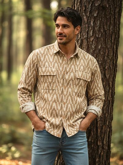 Sand Brown Chevron Printed Shacket Trending casual shirts online in india,