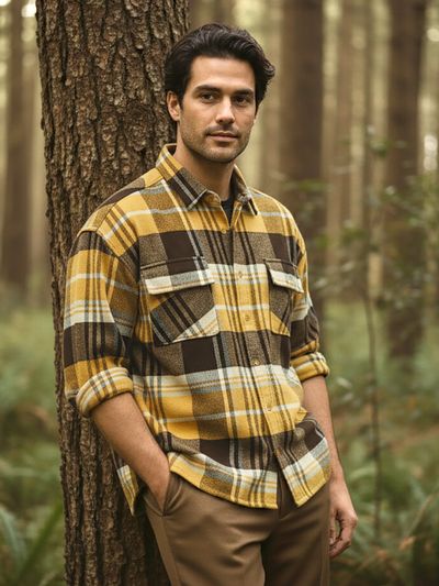 Yellow Recycled Plaid Flannel Shirt Collage of men's yellow recycled plaid flannel shirts featuring a checkered pattern, styled in casual and trendy look,