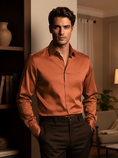 Rust Orange Satin Shirt Man in an orange " Premium satin shirts " holding a glass, posing indoors.