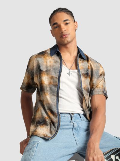 Brown and Blue Denim Collar Zipper Shirt