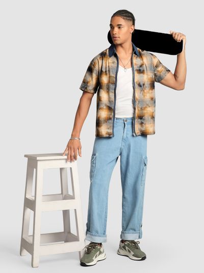 Brown and Blue Denim Collar Zipper Shirt