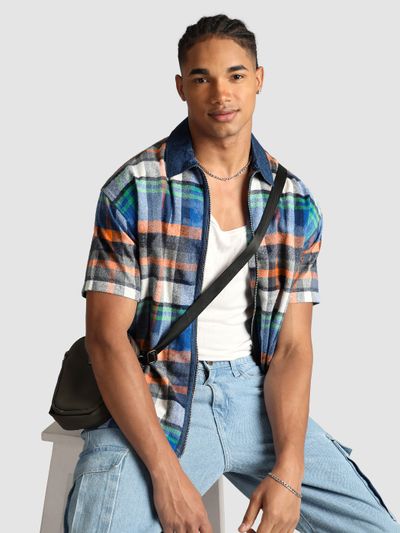 Orange and Blue Denim Collar Zipper Shirt Orange and Blue Denim Collar Zipper Shirt