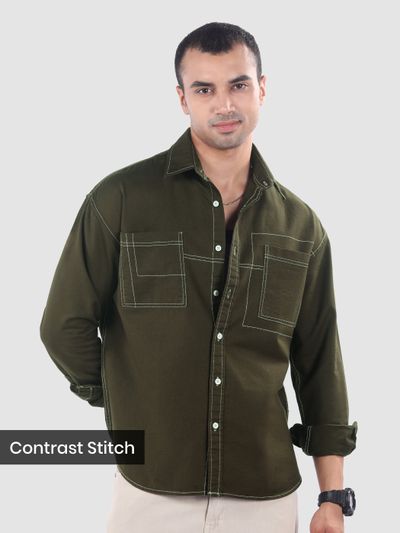 Army Green Dual Pocket Contrast Stitch Shirt