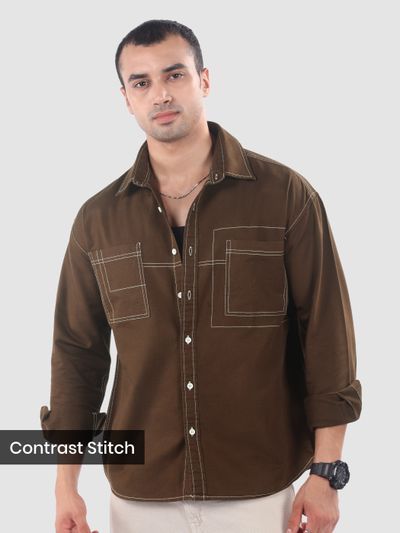 Brown Dual Pocket Contrast Stitch Shirt