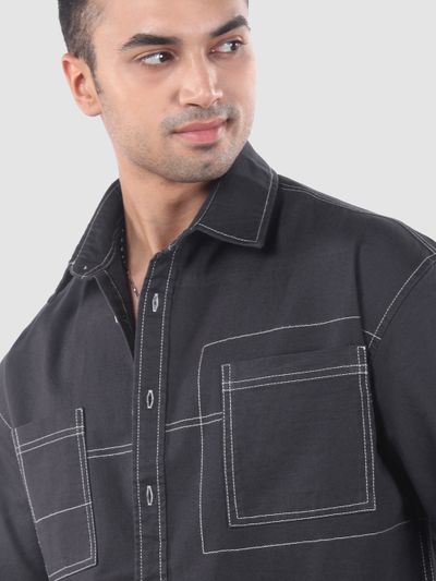 Dark Grey Dual Pocket Contrast Stitch Shirt