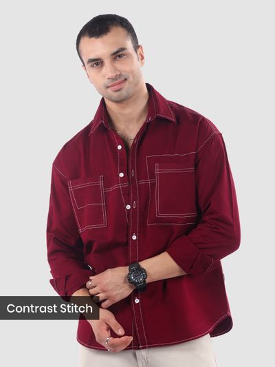 Maroon Dual Pocket Contrast Stitch Shirt
