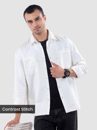 White Dual Pocket Contrast Stitch Shirt