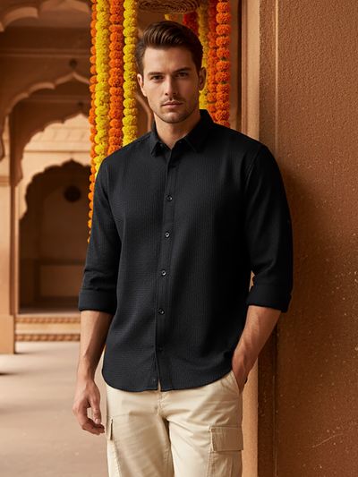 Black Full Sleeve Waffle Shirt For Men mens shirts online,