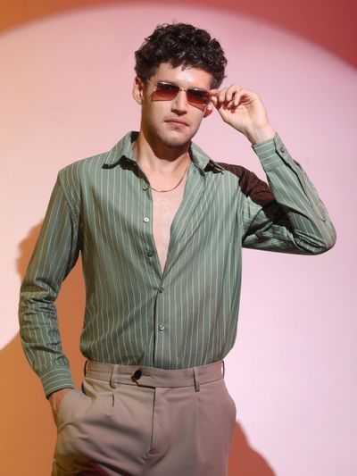 Dark Sage Green Stripe Button Down Collar
                      Shirt