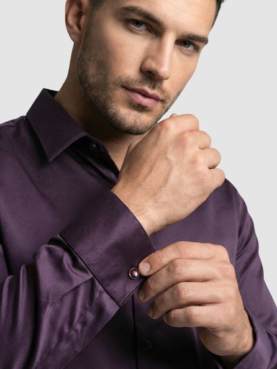 Dark Wine Double Cuff Satin Shirt