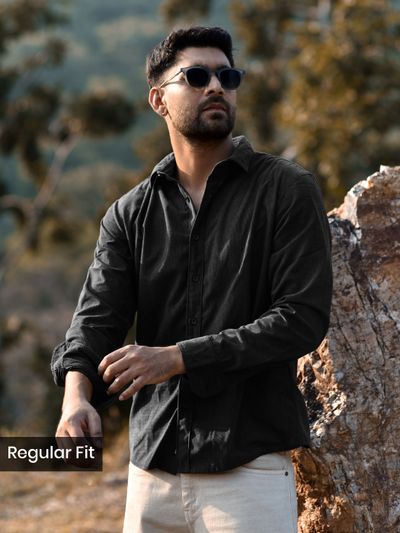 Black Solid Corduroy Shirt