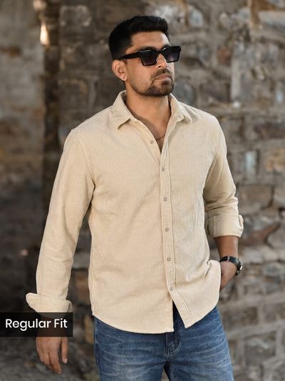 Cream Solid Corduroy Shirt