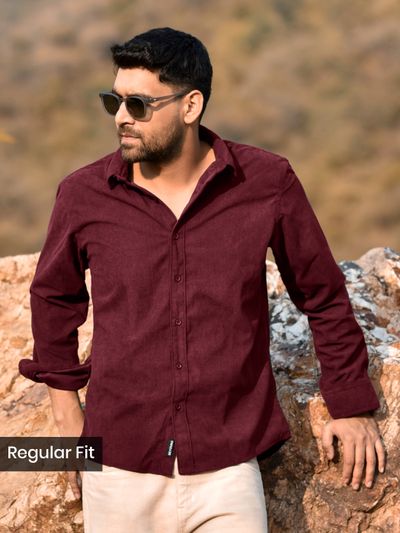 Wine Solid Corduroy Shirt