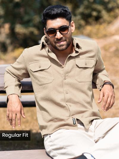 Beige Recycled Solid Flannel Shirt  Sand Brown Recycled Solid Flannel Shirt