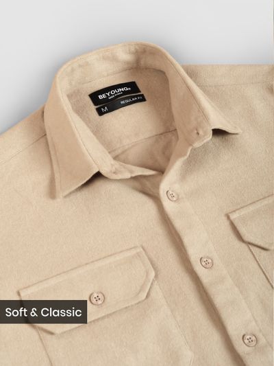 Beige Recycled Solid Flannel Shirt  Sand Brown Recycled Solid Flannel Shirt