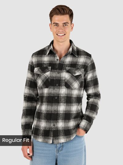 Black Recycled Checked Flannel Shirt  Black Recycled Checked Flannel Shirt