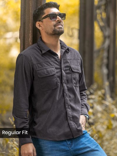 Grey Dual Pocket Corduroy Shirt