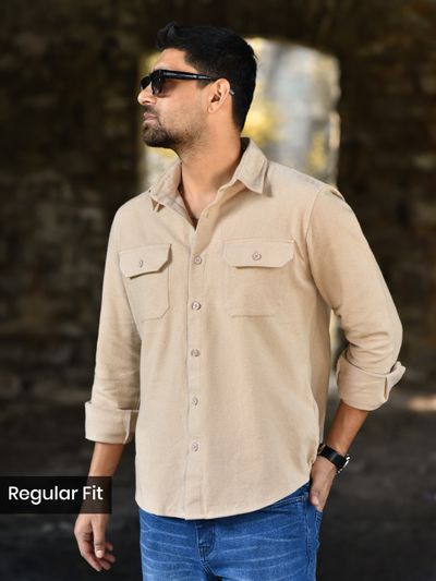 Beige Recycled Solid Flannel Shirt Sand Brown Recycled Solid Flannel Shirt