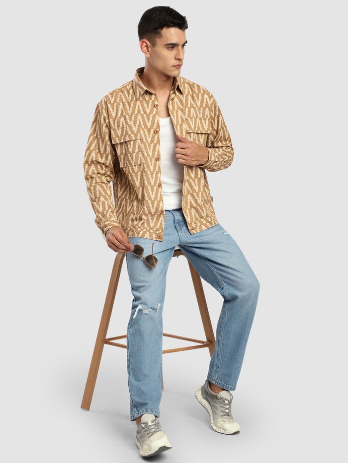 Sand Brown Chevron Printed Shacket
