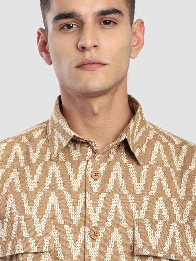 Sand Brown Chevron Printed Shacket Sand Brown Chevron Printed Shacket